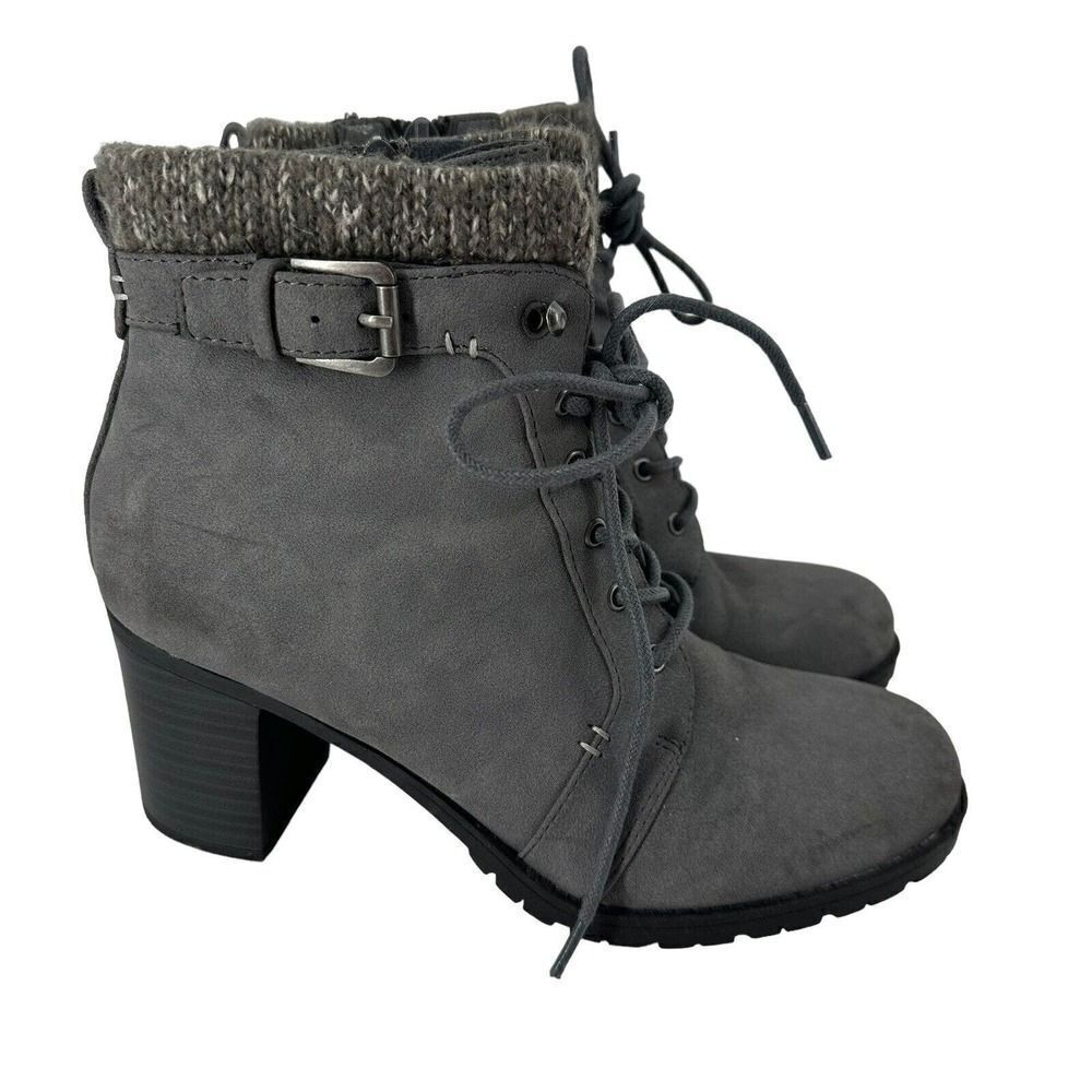 Kim Rogers Tori Boots Gray Fleece Lined Size 7.5 Lugged Sole Cuffed Block Heel